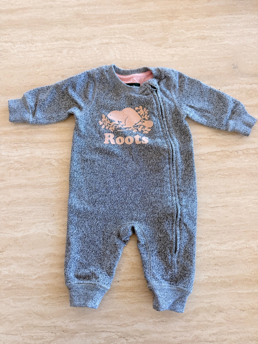 Roots Gray Fleece Baby Romper with Pink Logo